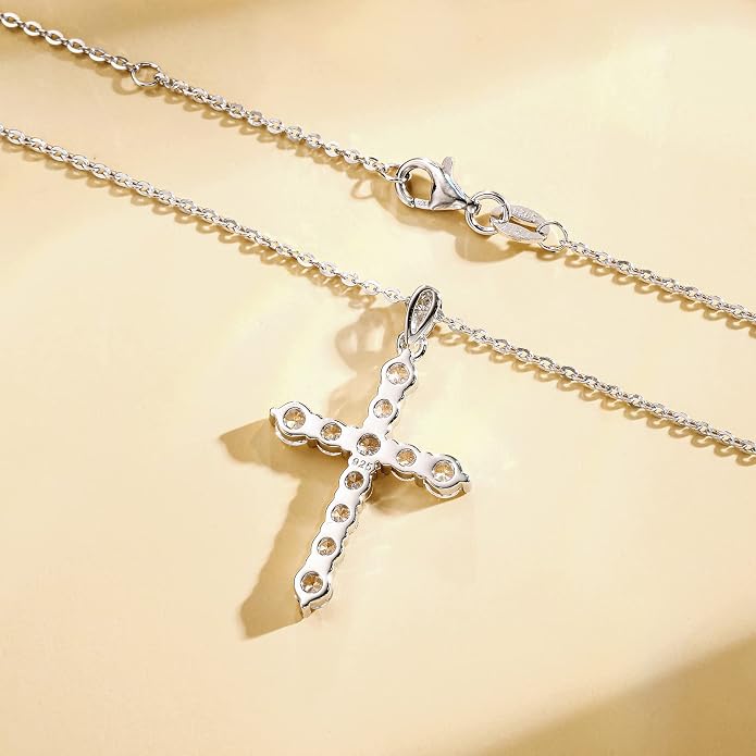 Carleen Cross Necklace For Women Yellow Gold Plated Sterling Silver Cubic Zirconia CZ Simulated Diamond Cross Crucifix Pendant Necklace Jewelry Easter Gift for Women, 18" Silver Chain Nice Gifts Jewelry Box