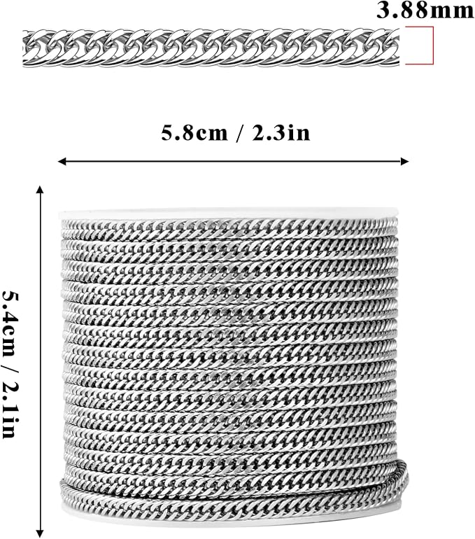 33 Feet Stainless Steel Double Cuban Link Chain Roll, 3.88mm Width 304 Stainless Steel Curb Chains Spool Bulk for Jewelry Making Chain