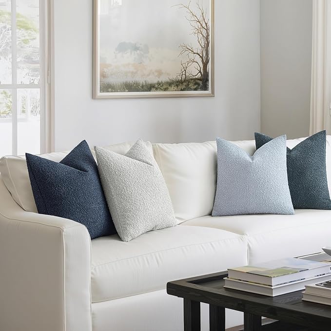 MIULEE Decorative Boucle Throw Pillow Covers 20x20 Inch Blue Set of 4 | Neutral Textured Accent Pillow Cases Soft Couch Cushion Covers for Modern Farmhouse Boho Sofa Bed Livingroom Home Decor