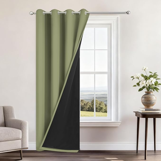 Yakamok Sage Blackout Curtains 96 Inches Long for Bedroom 52" Wide 1 Panel | Blackout Curtain Panels for Bedroom, 2 Thick Layers Grommet Top Thermal Insulated Drapes with Black Liner for Living Room