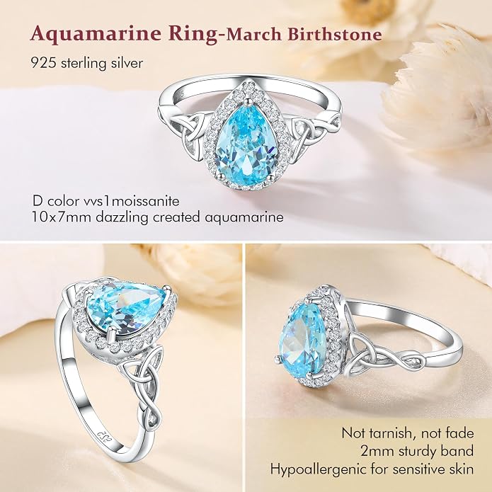 DAYBYDAY Celtic Birthstone Rings for Women 925 Sterling Silver Heart/Round/Pear/Oval Created Gemstone Moissanite Halo Engagement Promise Rings for Her Wife Birthday Anniversary Wedding Jewelry
