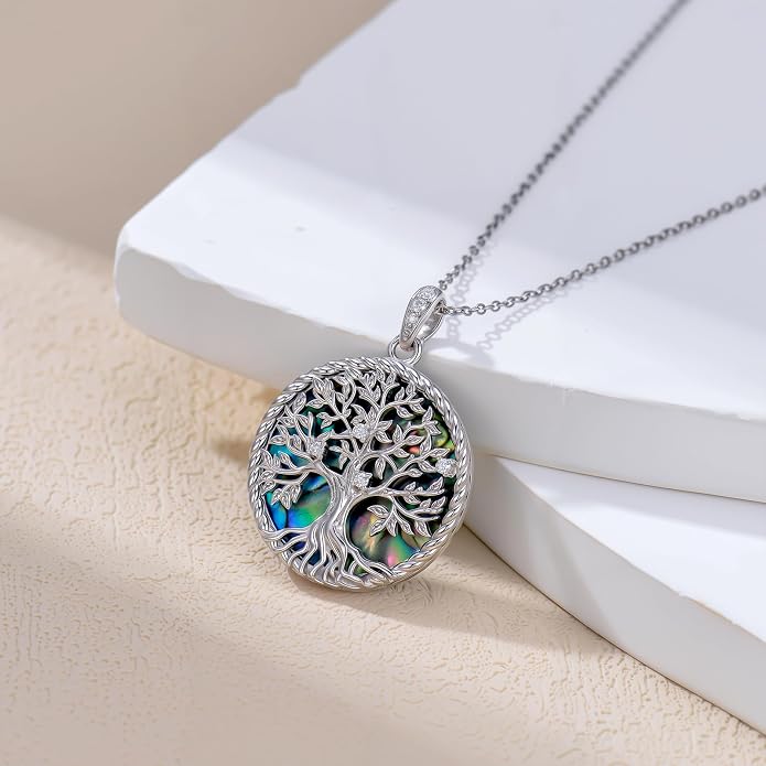 Tree of Life Moissanite Necklace, 925 Sterling Silver 0.5 Carat Moissanite Abalone Shell/Opal/Black Onyx/Turquoise/Malachite/Tiger Eye Stone Tree of Life Pendant Necklaces Jewelry Gift for Women Mom