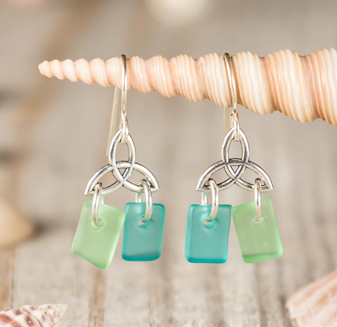 Sea Glass Celtic Knot Earrings - Sterling Drop Beach Earrings for Women by EcoSeaCo, using recycled and sustainable material. Handmade in the USA