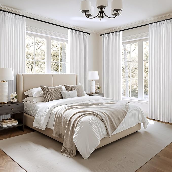 MIULEE Pinch Pleated Thick Linen Curtains 102 Inch 4 Panels Set Back Tab Memory Trained Pinch Pleat Semi Sheer Light Filtering Privacy Curtain Let Light in Window Drape for Living Room Bedroom White