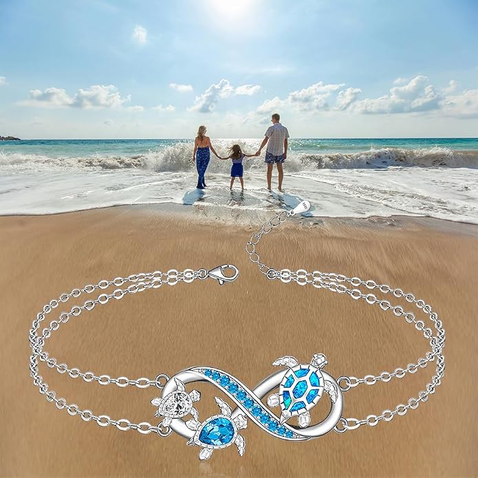 Fenthring Turtle Anklets for Women Turtle Ankle Bracelet Blue Opal Sea Sterling Silver Infinity Wave Ocean Beach Summer Jewelry Mothers Day