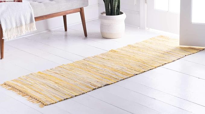 Unique Loom Chindi Cotton Collection Soft Hand Woven Natural Fiber Striped Area Rug, 2 ft 7 in x 9 ft 10 in, Yellow/Ivory