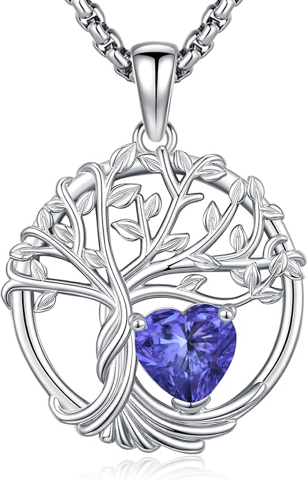 Birthstone Tree of Life Necklace for Women Heart Crystal Pendant Silver Plated Birthday Anniversary Jewelry for Wife, Mom, and Her
