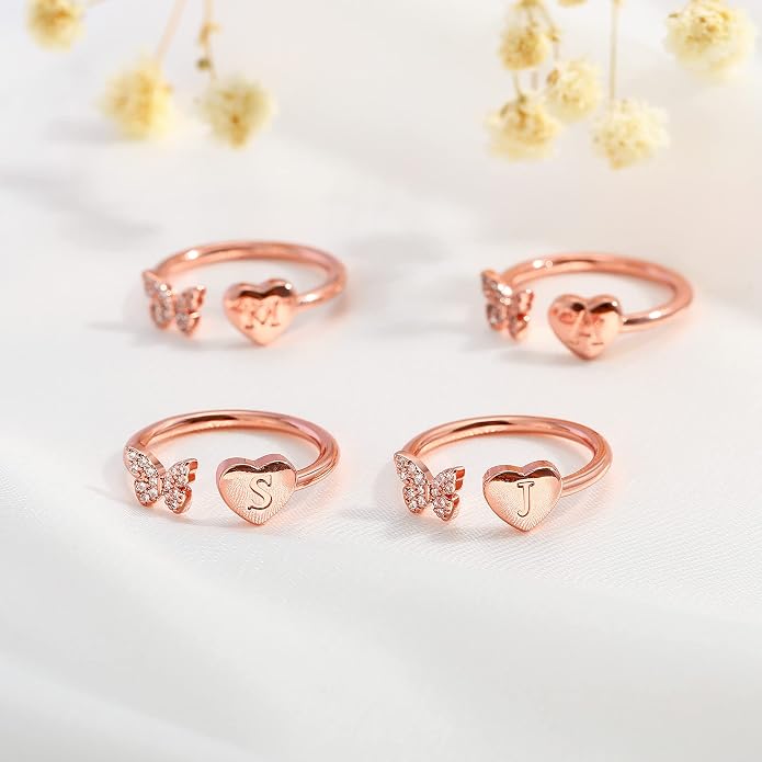 Initial Ring for Women Teens, Gold Plated Butterfly Heart Letter K Open Adjustable Ring, Dainty Alphabet Ring Jewelry Gift for Birthday