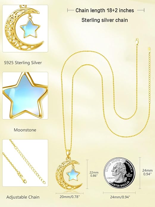 Dreamboat Sterling Silver Moon and Star Necklace Silver Crescent Moon Necklaces for Women Star Pendant Celestial Jewelry Gifts