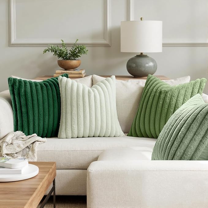 MIULEE Faux Fur Plush Decorative Throw Pillow Covers 20x20 Set of 4, Spring Modern Soft Fuzzy Striped Cushion Covers for Sofa Couch Bed Living Room Cozy Home Decor,Green