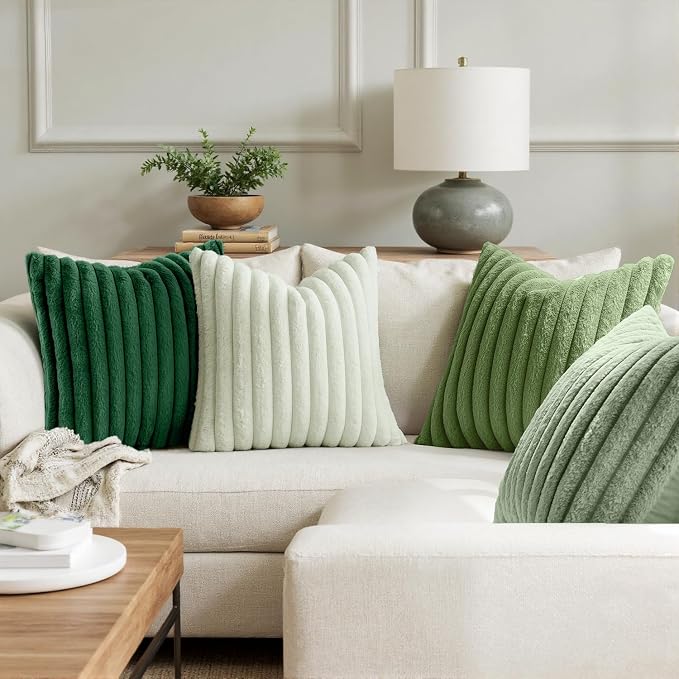 MIULEE Faux Fur Plush Decorative Throw Pillow Covers 18x18 Set of 4, Spring Modern Soft Fuzzy Striped Cushion Covers for Sofa Couch Bed Living Room Cozy Home Decor,Green