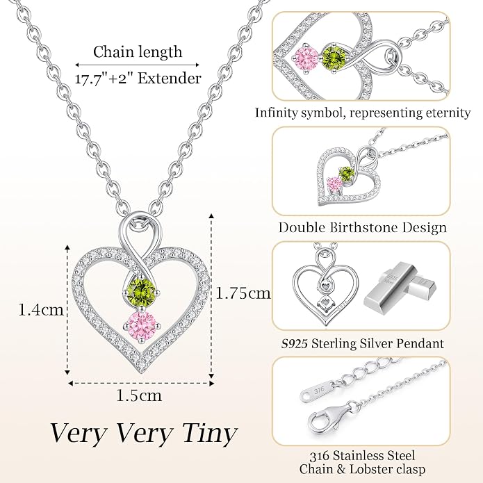 LOUISA SECRET Double Birthstone Necklaces for Women, 925 Sterling Silver Infinity Love Heart Pendant Necklace for Her, Birthday Anniversary Valentine's Day, Christmas, Wedding, Graduation Gift for Her, Personalized Gifts, Jewelry Gifts for Wife Mom Gir...