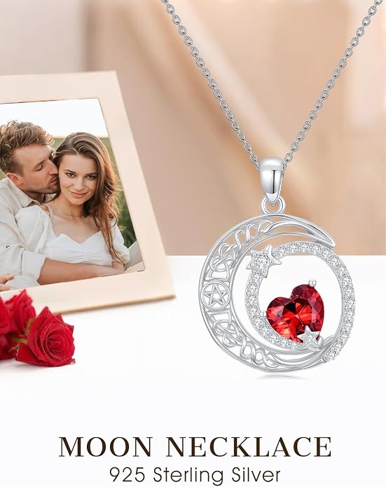 Dorunmo Heart Birthstone Necklace for Women 925 Sterling Silver Moon and Star Pendant Birthday Jewelry Gifts for Wife Her Daughter Mom