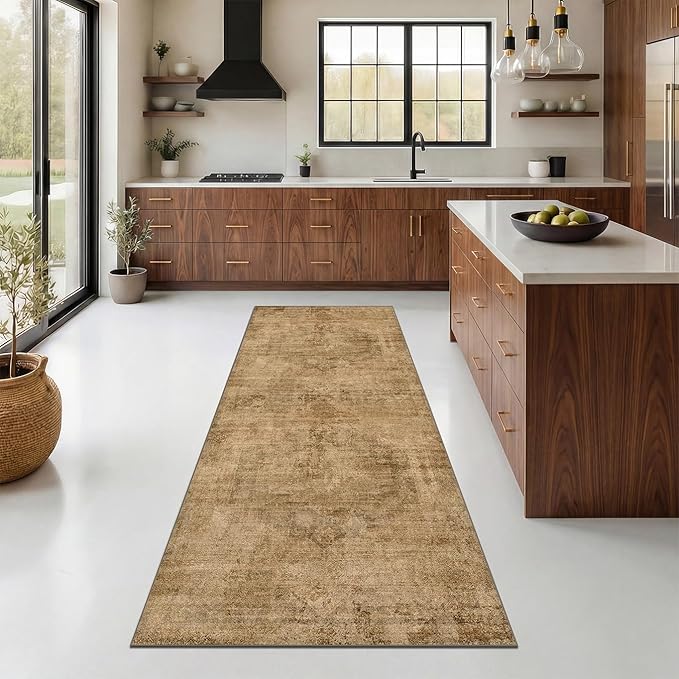 2'6"x8' Brown and Gold Kitchen Runner Rugs Non Skid Washable - 8ft Long Rugs for Hallway, Vintage Abstract Design Entryway Carpet, Neutral Dark Farmhouse Medallion Decor