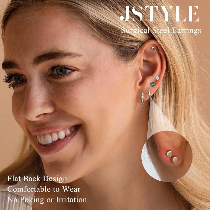 Jstyle Hypoallergenic 14K Gold Plated Stud Hoop Earrings for Women Men Surgical Stainless Steel Flat Back Earrings Small Huggie Hoops Cartilage Earring Set for Multiple Piercing Jewelry Gift for Women