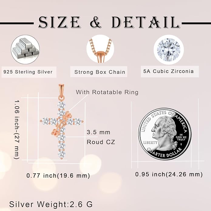 Rotated Crown Cross Necklaces for Women, 925 Sterling Silver Round Cut Zircon Neckalce Pendant With Ring Birthstones Jewelry for Her