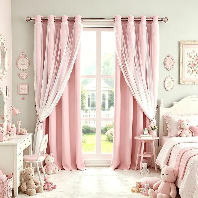 Pink Blackout Curtains with Lace Hems Sheer Overlay, 2 Panels, Thermal Insulated & Soundproof, Room Darkening, Living Room, Bedroom - Modern Elegant Romanntic Pink Drapes, 52x84 Inches