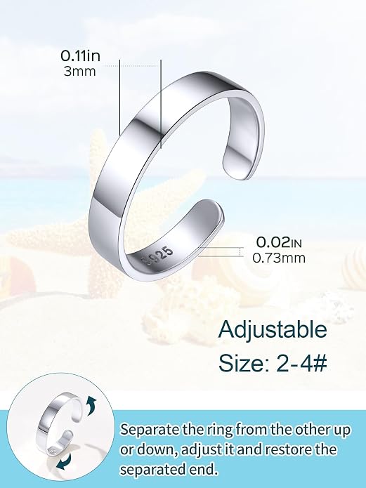 ChicSilver Silver Toe Rings for Women Balck Toe Rings for Women Non Tarnish Wide Band Toe Ring Black Toe Jewelry for Summer Beach