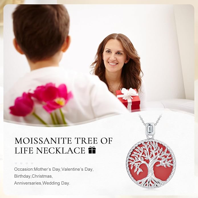 Tree of Life Moissanite Necklace, 925 Sterling Silver 0.5 Carat Moissanite Abalone Shell/Opal/Black Onyx/Turquoise/Malachite/Tiger Eye Stone Tree of Life Pendant Necklaces Jewelry Gift for Women Mom