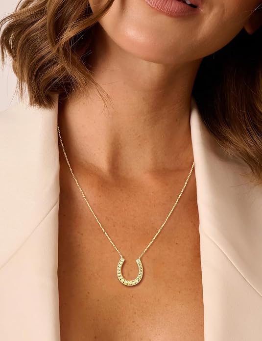 Luck Horseshoe Necklace 14K Gold Plated/Sterling Silver Created Gemstone Pendant with Chain Channel Set U Shaped Charm Necklace Birthstone Jewelry