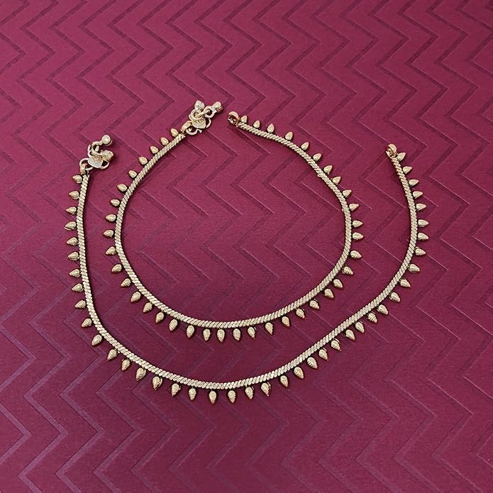 Duel On Jewel Gold Payal Set for Women, Indian Paayal Jhanjar Chain Anklets with Bell Detail, Foot Jewelry Pair, 10 Inch Comfort Fit, Traditional & Dainty Styles for Wedding Beach Everyday Gift