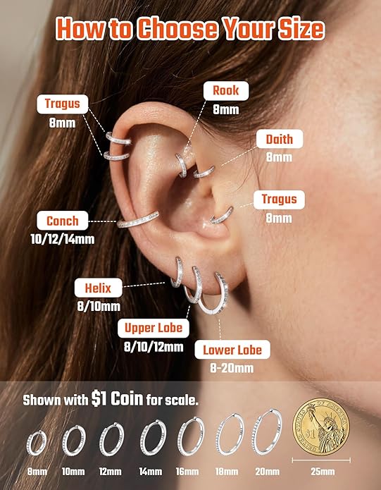 JustBeingCute 925 Sterling Silver Hoop Earrings for Women 14K Gold Plated Small Huggie Earrings Hypoallergenic Cubic Zirconia Cartilage Hoop Earring(8/10/12/14/16/18/20mm)