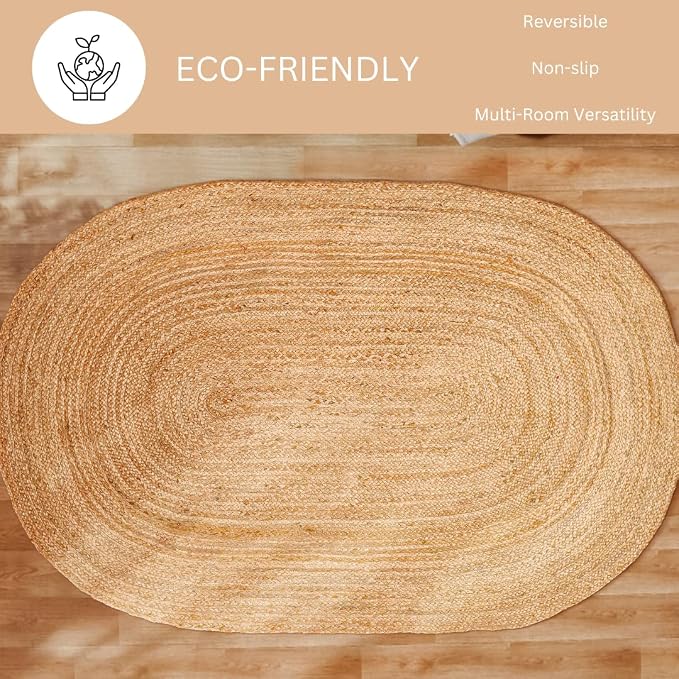 Handcrafted Jute Braided Rug 4x6 Feet Oval - 100% Natural Jute Area Rug - Rustic Farmhouse Boho Accent Rug for Living Room Bedroom Kitchen Entryway Reversible Handwoven Floor Rug