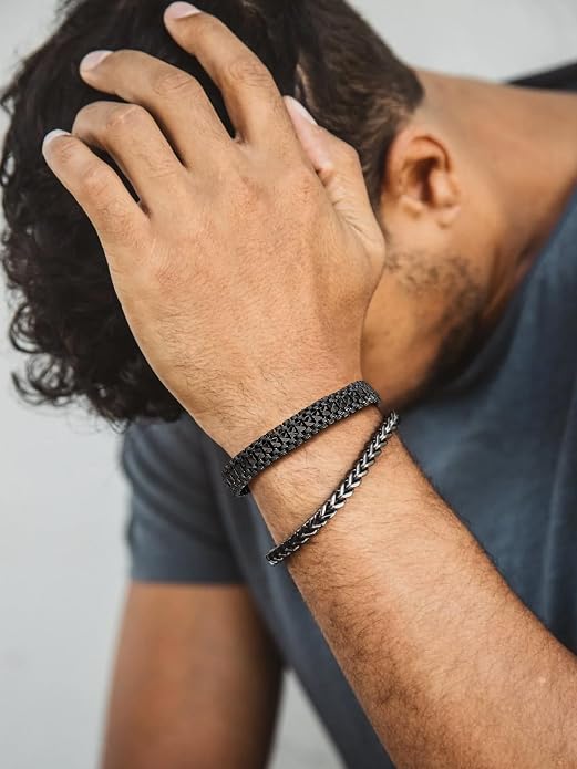 U7 Link Bracelets for Men, Cuban Link/Rope/Watch Band Solid Bracelet, Silver Black Gold Color Wrist Bracelet 3/6/9/12/15mm Width, 6.5/7.5/8.3 Inch Length, Hand Chain Jewelry for Mens Women