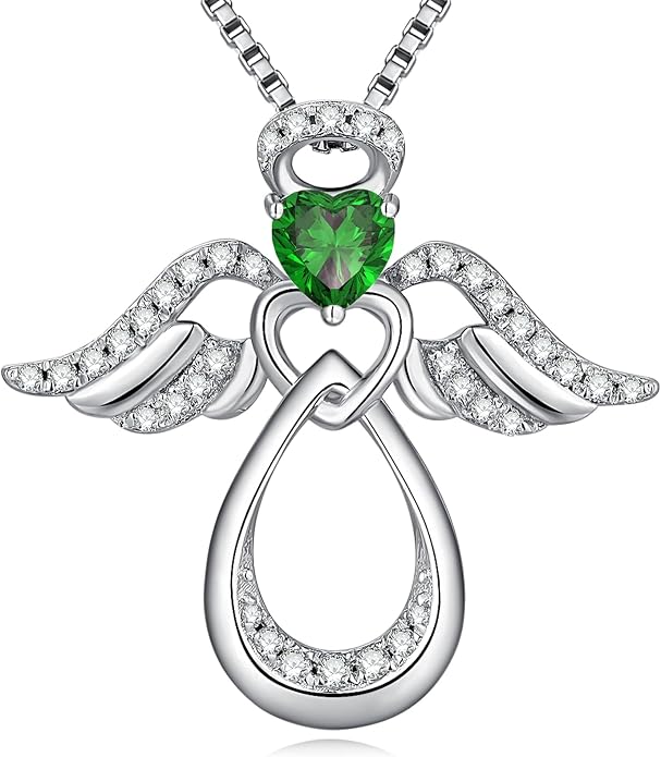 925 Sterling Silver Guardian Angel Pendant Necklace for Women with Birthstone Cubic Zirconia Little Angel Pendant Necklace Jewelry 18 inch Chain