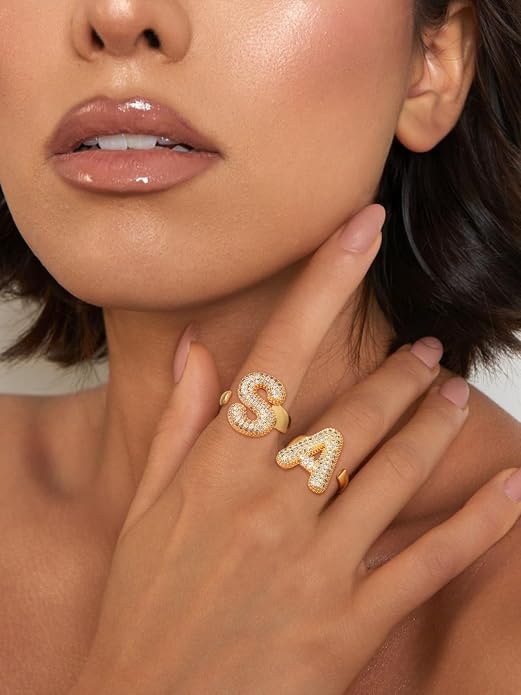 FindChic Initial Ring for Women, Gold Plated Chunky Letter Rings Open Adjustable Trendy Sparkling Cubic Zirconia Personalized Statement Rings Jewelry Gift