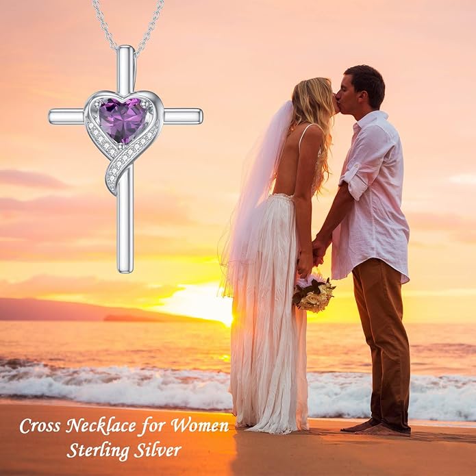 TOUPOP Birthstone Cross Necklace for Women 925 Sterling Silver Heart Cross Pendant Necklace Mothers Day Birthday Jewelry Gifts for Mom Wife Her