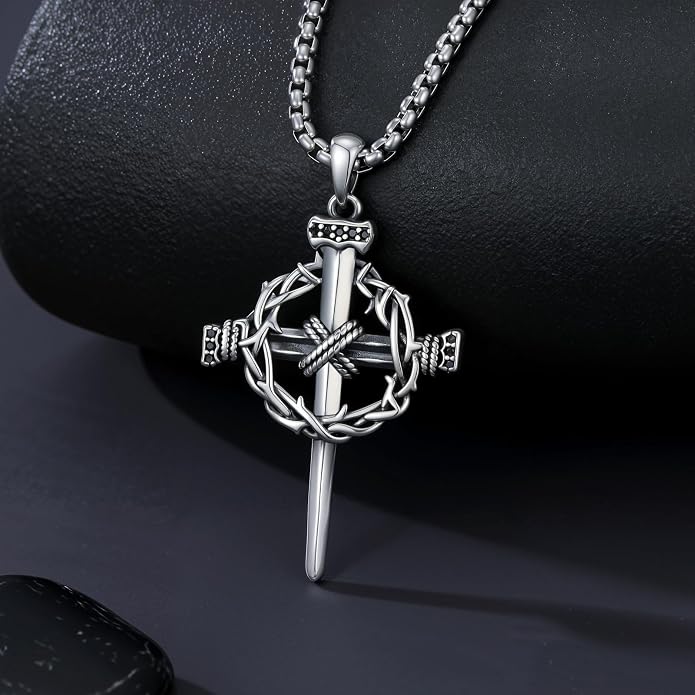 Crown of Thorns Necklace for Men 925 Sterling Silver Nail Cross Necklace Pendant Religious Christian Jewelry Valentines Day Gifts for Men