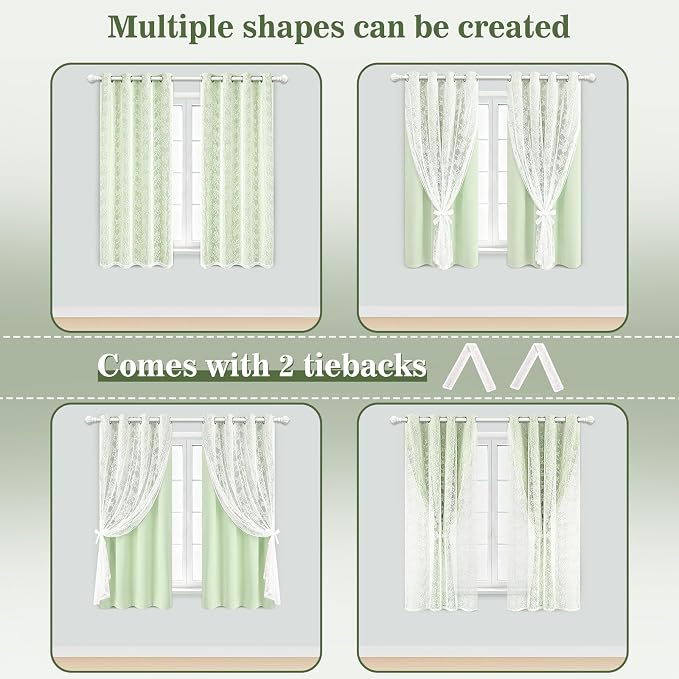 Yinhua Double Layer Blackout Curtains for Bedroom Green Curtains for Living Room 63 Inch Length 2 Panels Set Kid Curtain with Tiebacks, Grommet Drapes with Floral Sheer Overlay, 52" W x 63" L