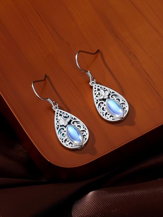 Dorunmo Moonstone Dangle Drop Earrings s925 Sterling Silver Leverback Earrings Filigree Moonstone Jewelry Birthday Gifts for Women