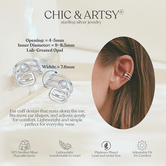 CHIC & ARTSY 925 Sterling Silver Ear Cuffs for Women, Non Piercing Clip On Cartilage Cuffs, Adjustable Fake Conch & Helix Earrings, Gold Plated & Oxidized Various Styles