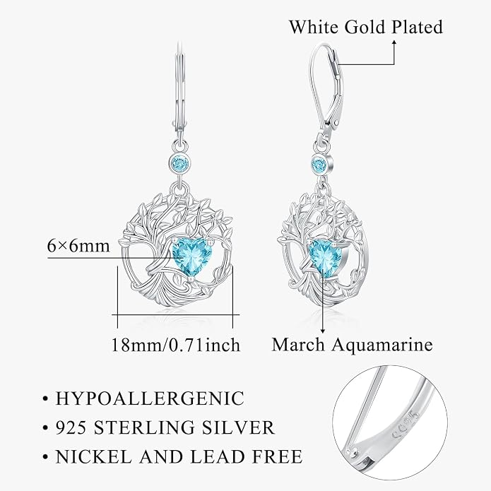 Odinstone 925 Sterling Silver Earrings Tree of Life Teardrop Moonstone Dangle Drop Leverback Earrings for Women