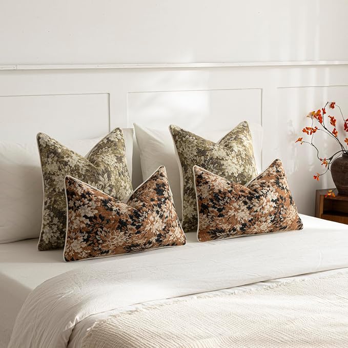 DEZENE Pack of 2 Vintage Floral Throw Pillow Covers 18x18 Boho Farmhouse Accents Chenille Square Decorative Pillow Cases for Living Room Couch Bed Home Decor, Beige