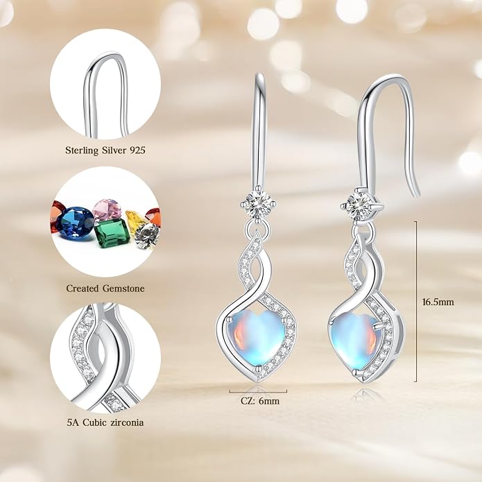 FANCIME Heart Infinity Dangle Drop Earrings 925 Sterling Silver Heart Gemstone Birthstone Earring