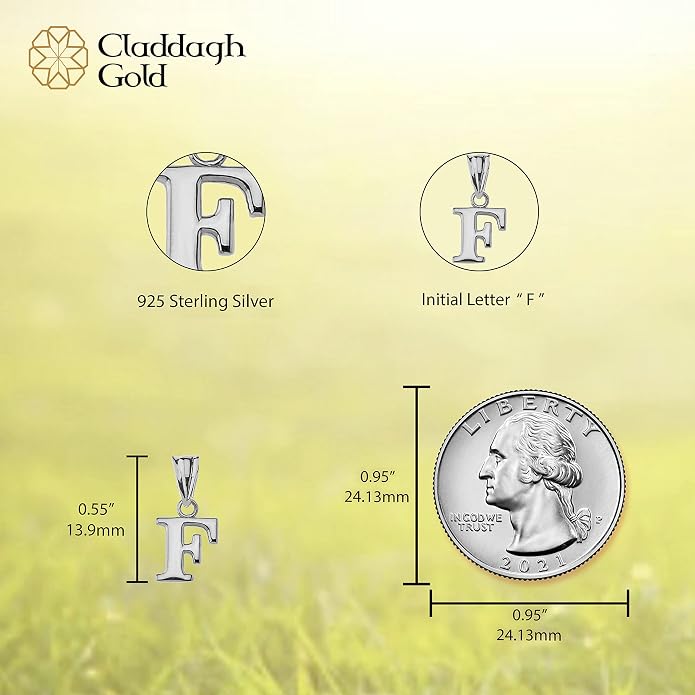 Claddagh Gold .925 Sterling Silver Initial Pendant Charm – Personalized Alphabet Letter Jewelry in 0.80mm or 0.55mm Block Font