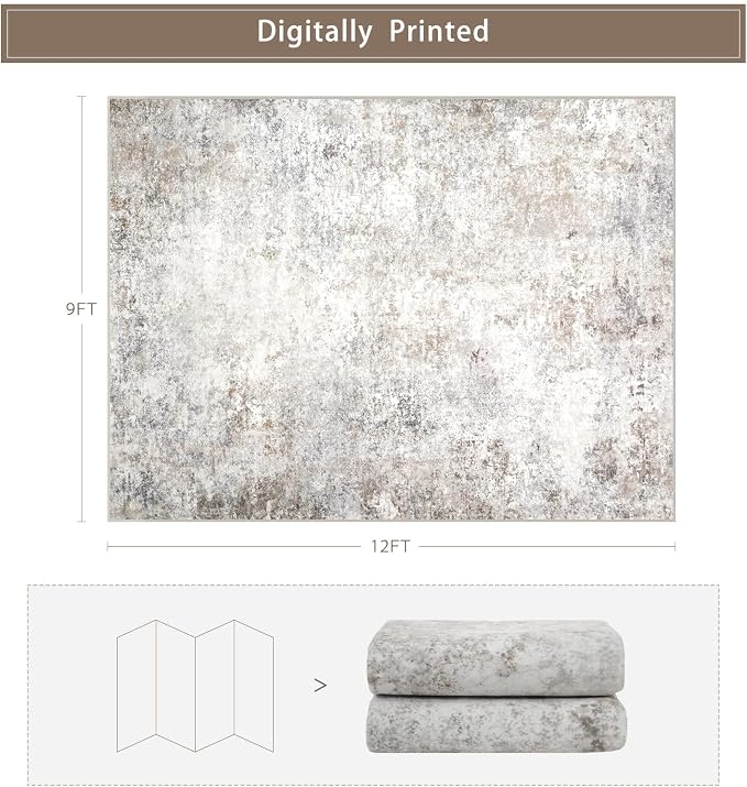 Modern Washable Rugs 9x12 Area Rugs for Living Room,Abstract Rugs for Bedroom,Large Carpets,Ultra Soft Faux Wool Retro Dining Room Rug,Non Slip&Non-Shedding Low Pile Print Rug- Beige Grey
