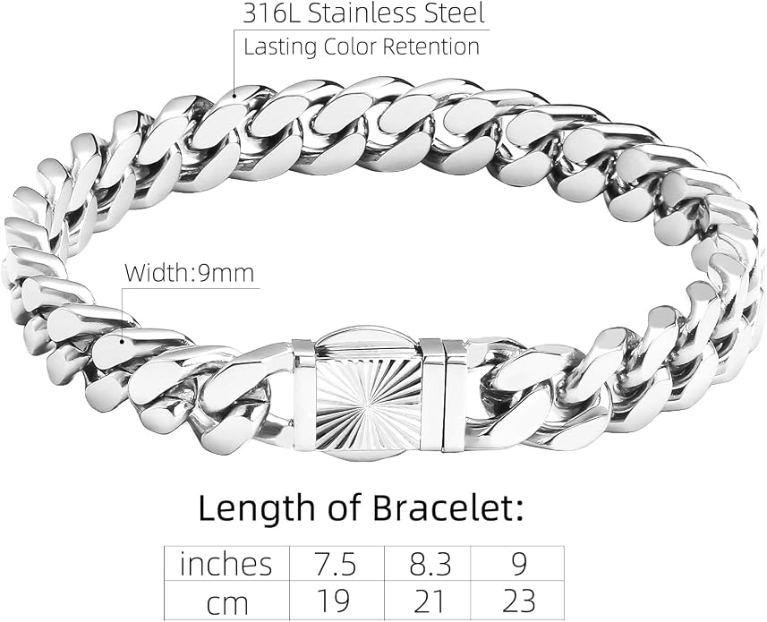 CaptainSteeL Cuban Link Chain Bracelet for Men- 316L Stainless Steel 9/10MM Width Fashion Pattern Snap Button Hip Hop Jewelry,Two Style Cuban Bracelets 18K Gold Plated/Stainless Steel with Gift Box