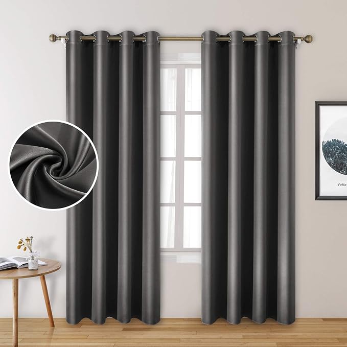 HOMEIDEAS 2 Panels Dark Grey Faux Silk Blackout Luxury Curtains, 52 X 84 Inch Room Darkening Satin Thermal Insulated Window Drapes for Bedroom Decor, Indoor