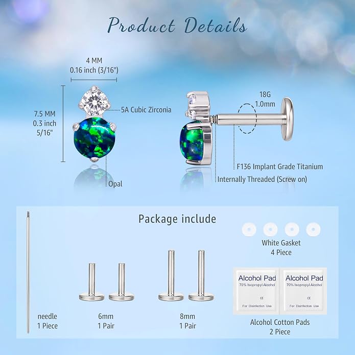 Limerencia 2Pcs 18g Titanium Internally Threaded Tragus Piercing Jewelry Nose Studs Flat Back Earrings Labret, Lip, Helix, Cartilage, Conch, Medusa Piercing for Women Men Sensitive Ears