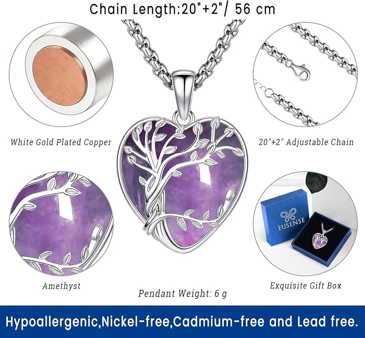 Eusense Tree of Life Necklace for Women White Gold Plated Copper Moonstone/Turquoise/Black Onyx/Crystal Birthstone Pendant Jewelry Gifts for Women Men