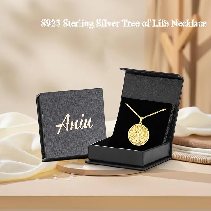 Aniu Tree of Life Necklace for Women, 925 Sterling Silver Mother of Pearl Family Palm Tree Charm Pendant Jewelry for Birthday Christmas Gift