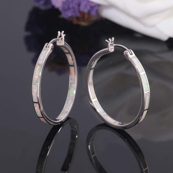 CiNily Opal Hoop Earrings,Women Jewelry Rhodium Plated/Rose Gold or Yellow Gold Plated Gemstone Big Hoop Earrings 32mm