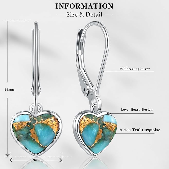 Heart Natural Turquoise Earrings for Women - Top AAA Grade, Hypoallergenic 925 Sterling Silver Leverback Dangle Earrings, Trendy Jewelry Gifts