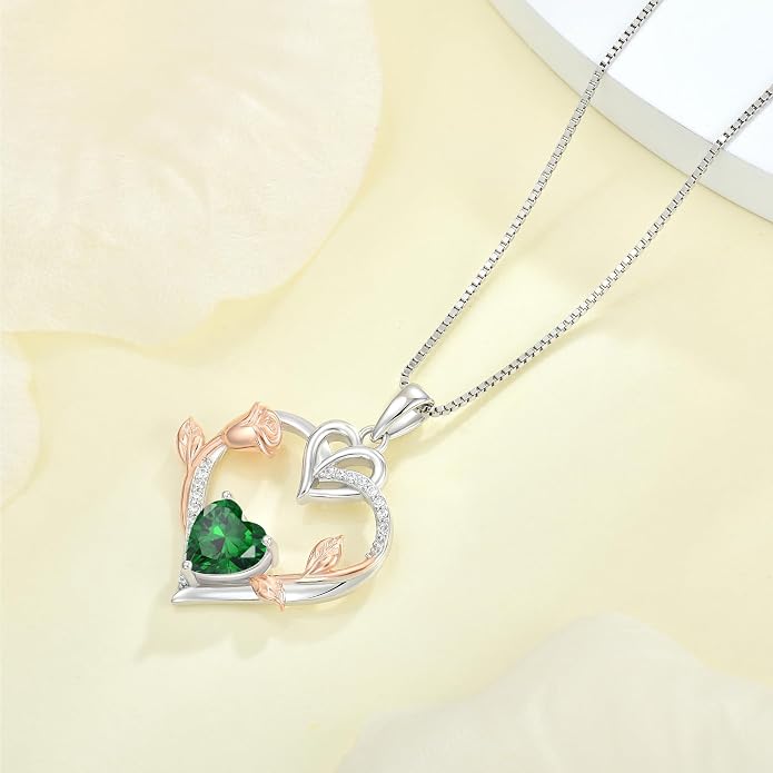 Rose Heart Necklaces for Women - 925 Sterling Silver Gold Rose Birthstone Pendant Jewelry for Girlfriend Daughter - Anniversary Birthday Christmas Valentines Day Mother’s Day Jewelry Gifts for Women Wife Her Girls Mom