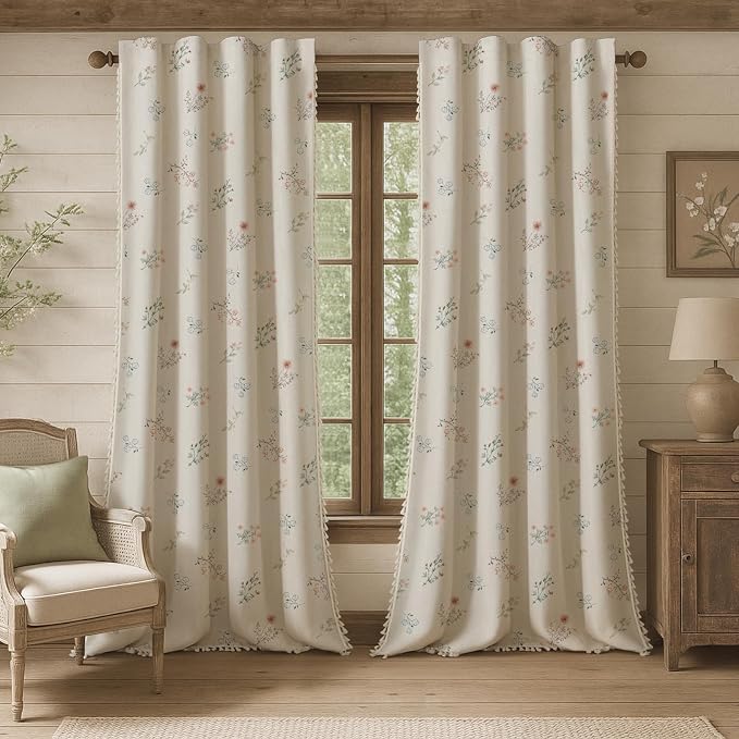 Boho Floral 100% Blackout Curtains for Bedroom 108 Inch Length 2 Panels Set, Linen Texture Farmhouse Curtains Beige Tassel for Living Room Vintage Thermal Insulated Room Darkening