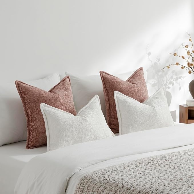 DEZENE Pack of 2 Dusty Pink Decorative Throw Pillow Covers 22x22 Cozy Soft Chenille Accent Vintage Square Couch Pillow Covers for Home Decor Bed Sofa Living Room